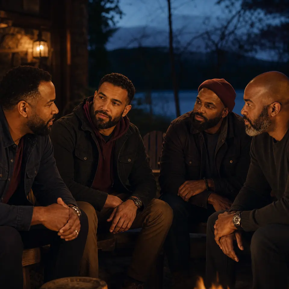Four men in a trusted brotherhood conversation at dusk