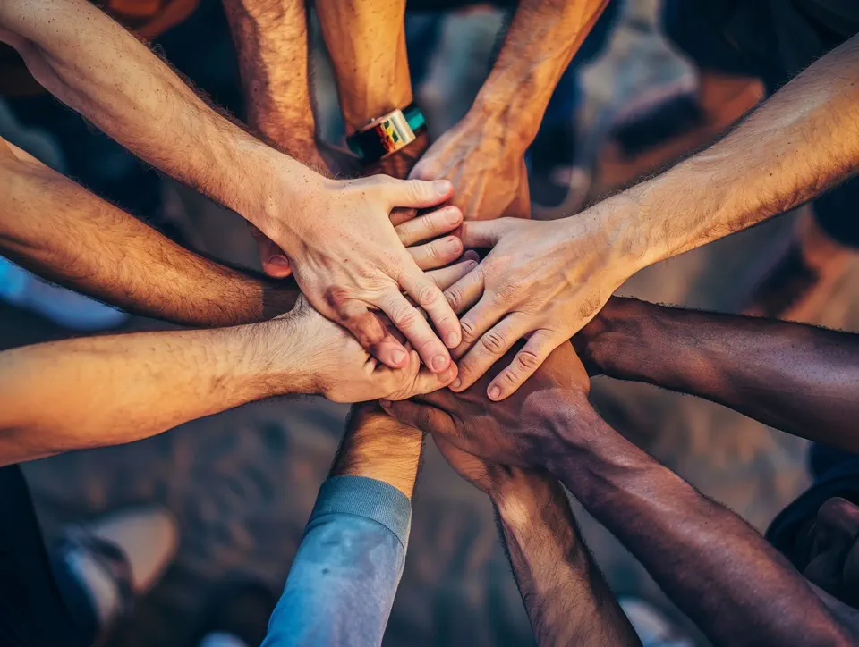 Men joining hands in a circle as a symbol of brotherhood and mutual support